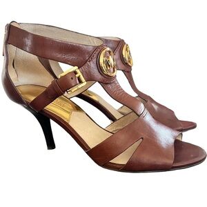 Rare Michael Kors Leather Back Zip Up T Strap Buckle High Heels Sandal Sz 8.5